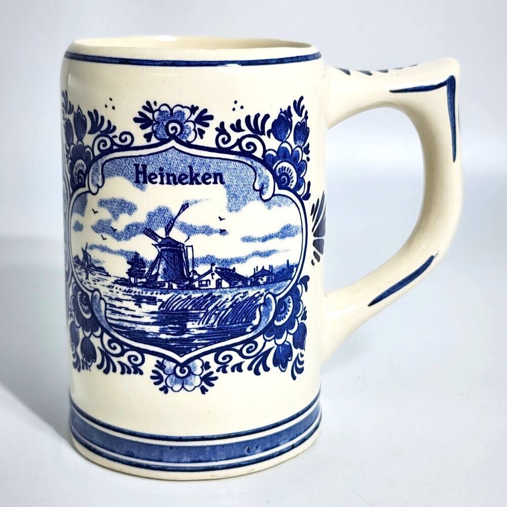 Vintage Heineken Blue & White Ceramic Beer Stein With Dutch Windmill & Sailboat